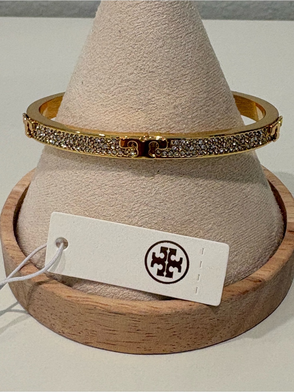 Tory Burch Gold and Crystal Pavé Logo Hinge Bracelet